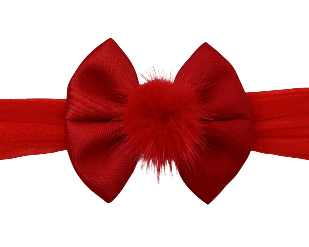 Red Satin Bow Headband with Fluffy Pom Pom – Soft & Sweet Baby Girl Accessory