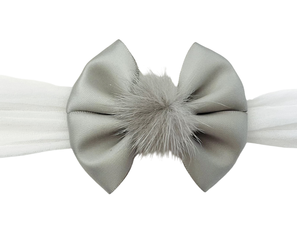 Silver Satin Bow Headband with Fluffy Pom Pom – Soft & Sweet Baby Girl Accessory