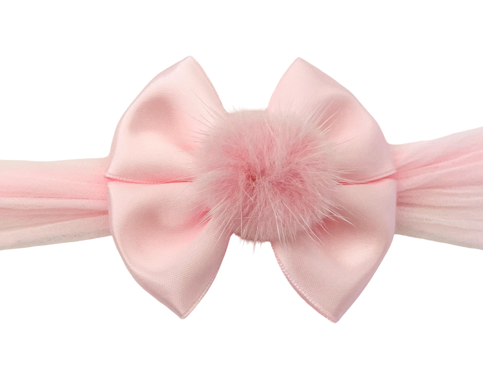 Baby Pink Satin Bow Headband with Fluffy Pom Pom – Soft & Sweet Baby Girl Accessory