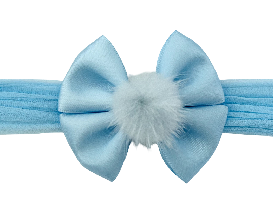Blue Satin Bow Headband with Fluffy Pom Pom – Soft & Sweet Baby Girl Accessory