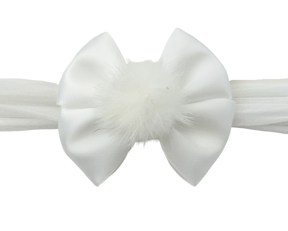 White bow with feather detail on a white background