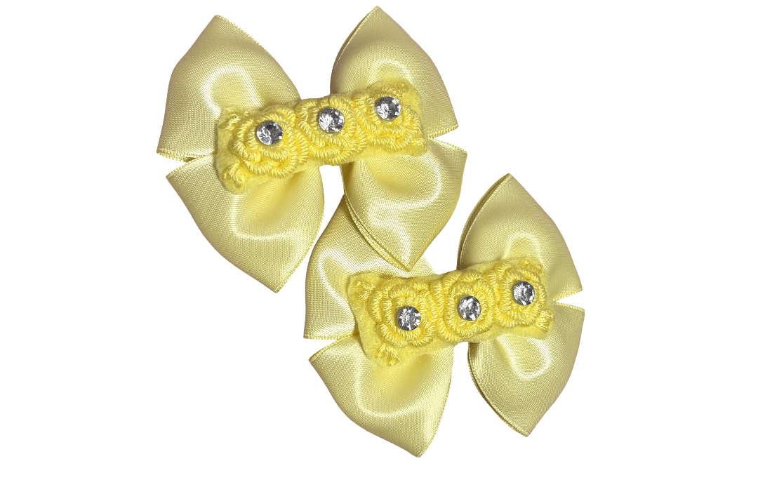 2 x Satin Hair Bow Clips with 3 Embriodery Flowers Rhinestone Center – 3.5 Inch