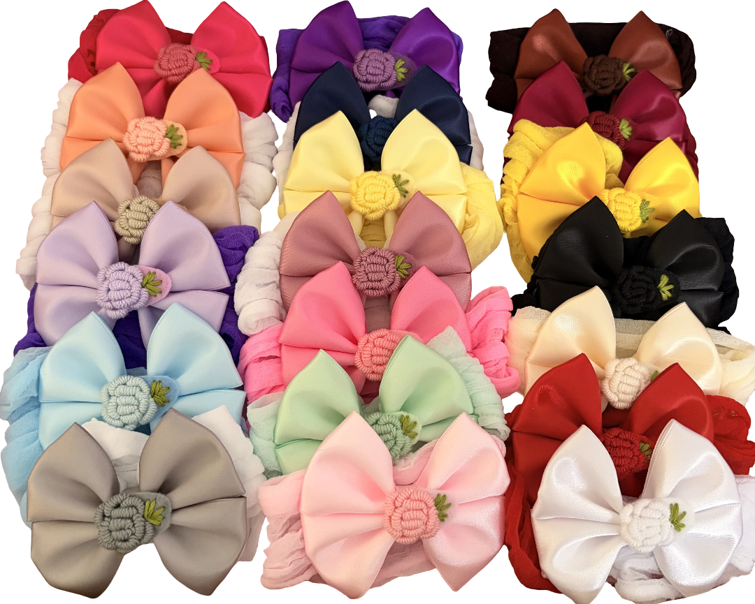 20 Headbands With Embroidery Flower Mixed Satin Hair Bows – Assorted Colors, Soft & Elegant