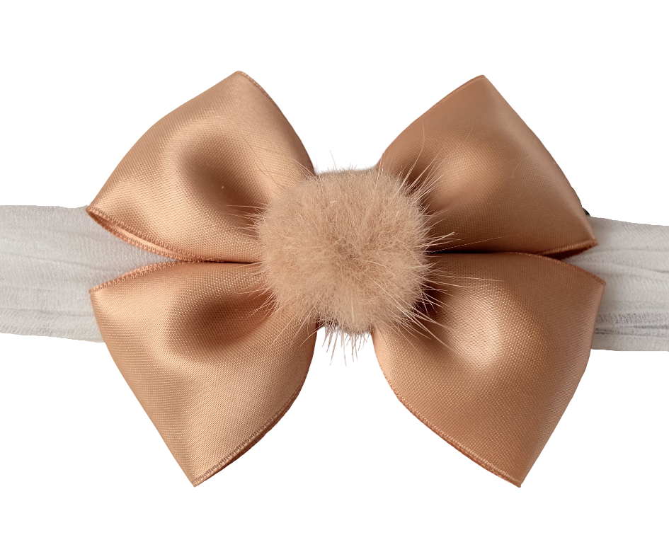 Dark Tan Satin Bow Headband with Fluffy Pom Pom – Soft & Sweet Baby Girl Accessory