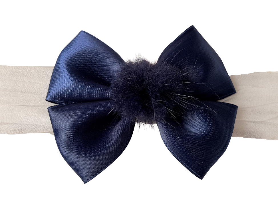 Navy blue bow with feathers on a white background