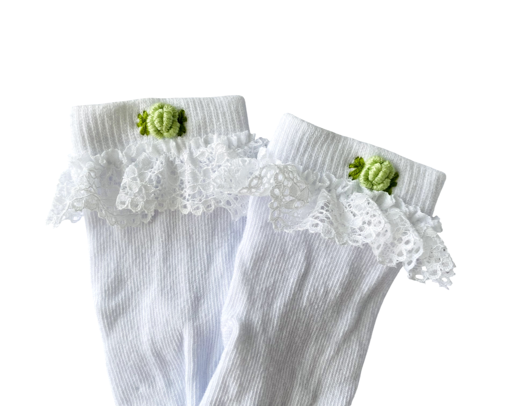 White Lace Trim Socks with Mint Floral Embroidery