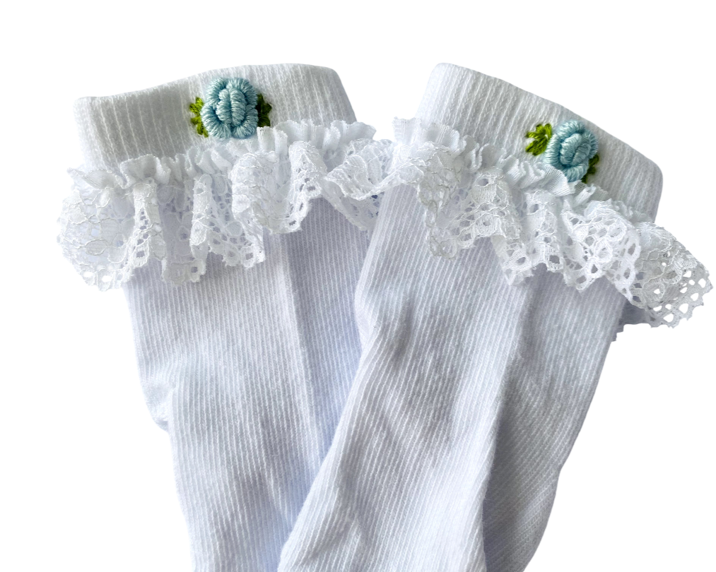 White Lace Trim Socks with Blue Floral Embroidery