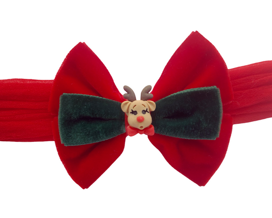 Christmas Baby Headband – Red & Green Velvet Bow with Reindeer