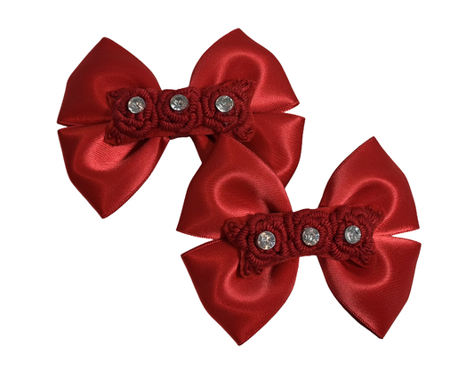 2 x Satin Hair Bow Clips with 3 Embriodery Flowers Rhinestone Center – 3.5 Inch
