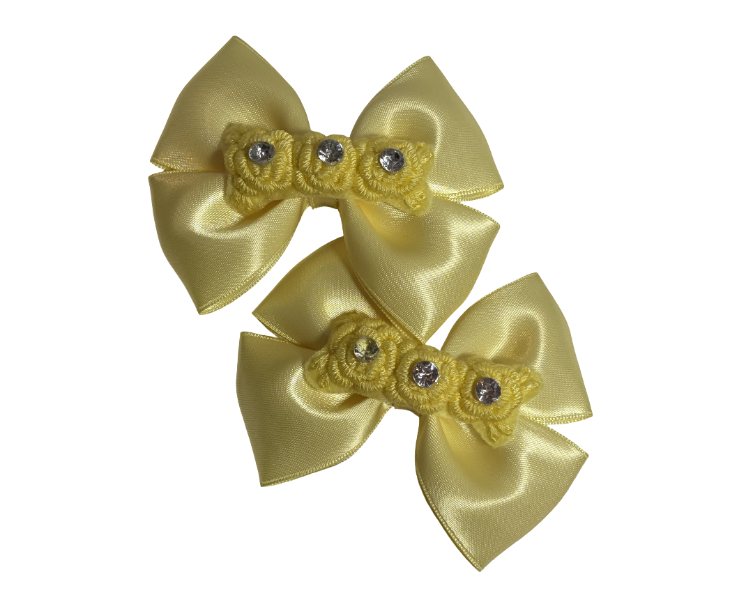 2 x Satin Hair Bow Clips with 3 Embriodery Flowers Rhinestone Center – 3.5 Inch