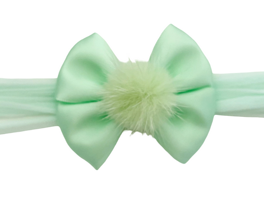 Mint Satin Bow Headband with Fluffy Pom Pom – Soft & Sweet Baby Girl Accessory