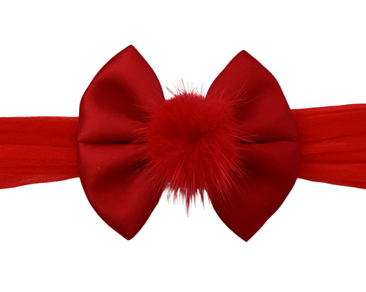 Red Satin Bow Headband with Fluffy Pom Pom – Soft & Sweet Baby Girl Accessory