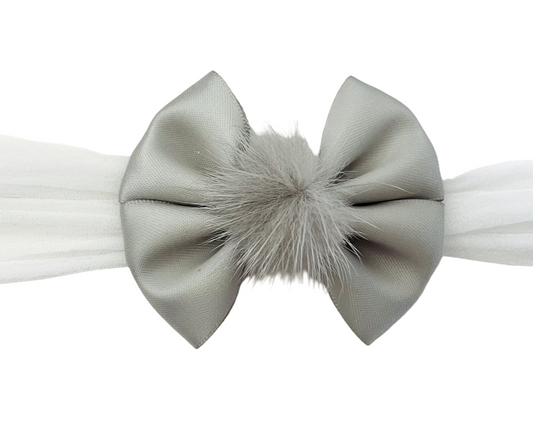 Silver Satin Bow Headband with Fluffy Pom Pom – Soft & Sweet Baby Girl Accessory