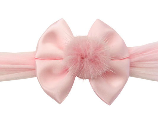 Baby Pink Satin Bow Headband with Fluffy Pom Pom – Soft & Sweet Baby Girl Accessory