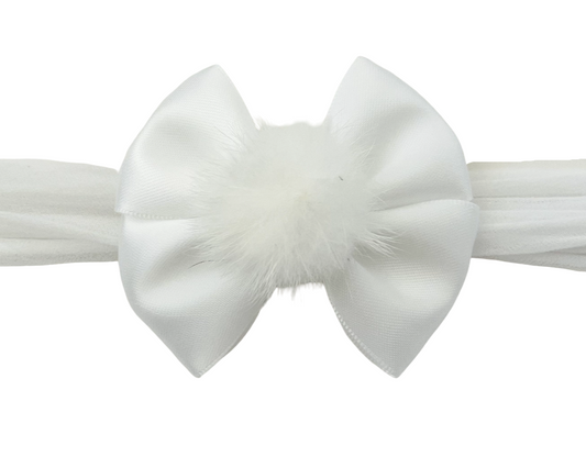 White bow with feather detail on a white background