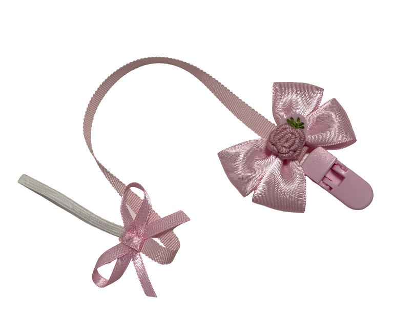 Elegant Pink Satin Bow Pacifier Clip with Embroidery Flower