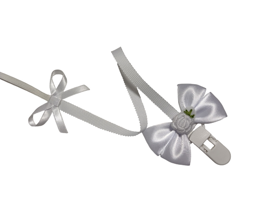 Elegant White Satin Bow Pacifier Clip with Embroidery Flower