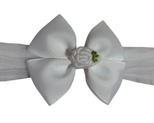White Grosgrain Ribbon Headband with Embroidered Flower