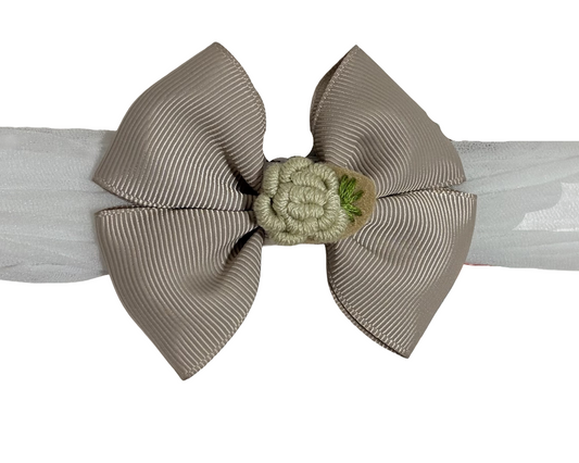 Tan Grosgrain Ribbon Headband with Embroidered Flower