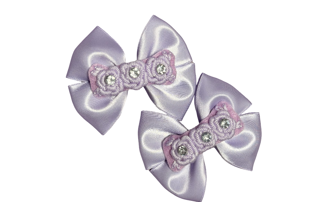 2 x Satin Hair Bow Clips with 3 Embriodery Flowers Rhinestone Center – 3.5 Inch