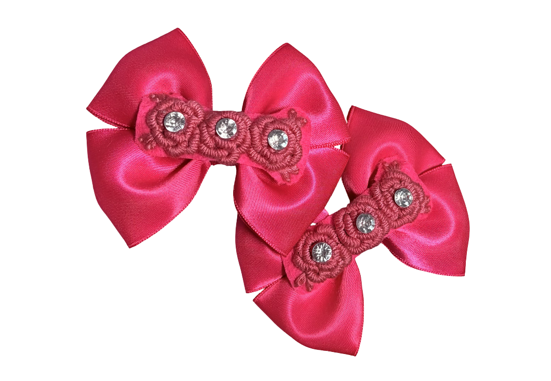 2 x Satin Hair Bow Clips with 3 Embriodery Flowers Rhinestone Center – 3.5 Inch