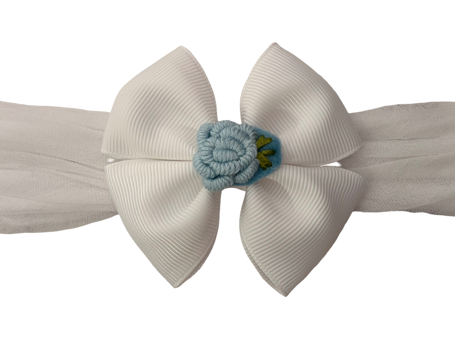 White/Blue Flower Grosgrain Ribbon Headband with Embroidered Flower
