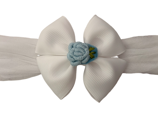 White/Blue Flower Grosgrain Ribbon Headband with Embroidered Flower