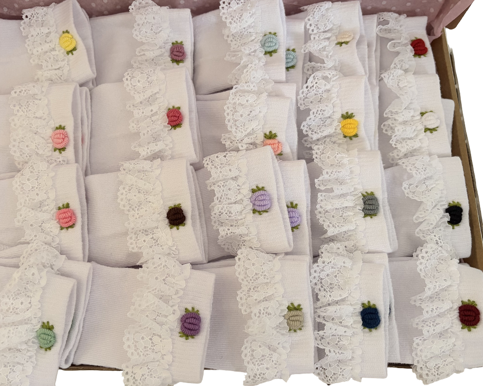 Set of white socks with embroidered designs on a cardboard box.