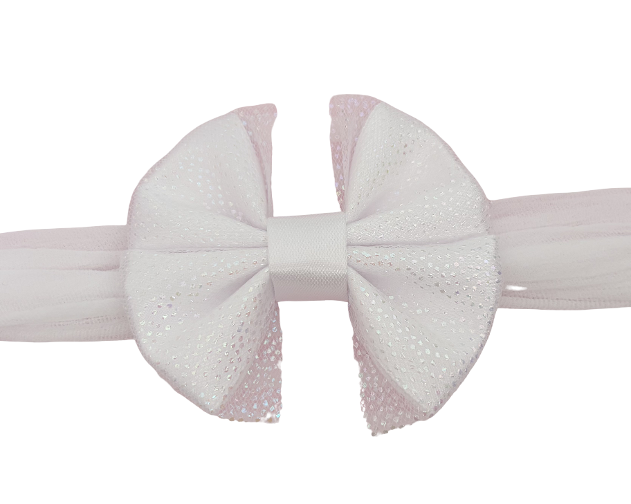 White Shimmer Bow Baby Headband | Soft Stretch Nylon Hair Band