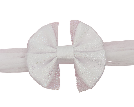 White Shimmer Bow Baby Headband | Soft Stretch Nylon Hair Band