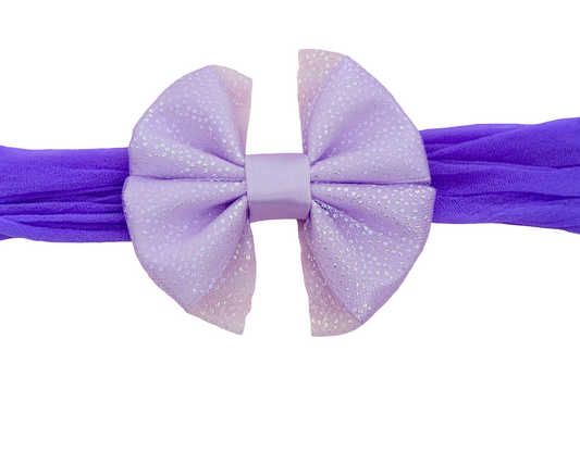 Lilac Shimmer Bow Baby Headband | Soft Stretch Nylon Hair Band
