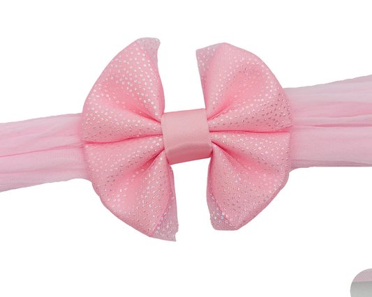 Pink Shimmer Bow Baby Headband | Soft Stretch Nylon Hair Band