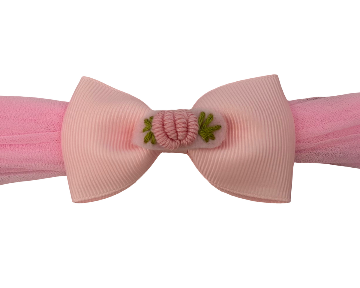 Pink Grosgrain Bow Headband Embroidered