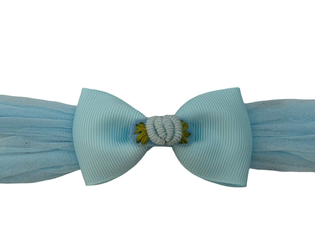A light blue grosgrain ribbon bow with a knotted center detail, shown against a plain white background.
