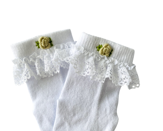 White Lace Trim Socks with Tan Floral Embroidery