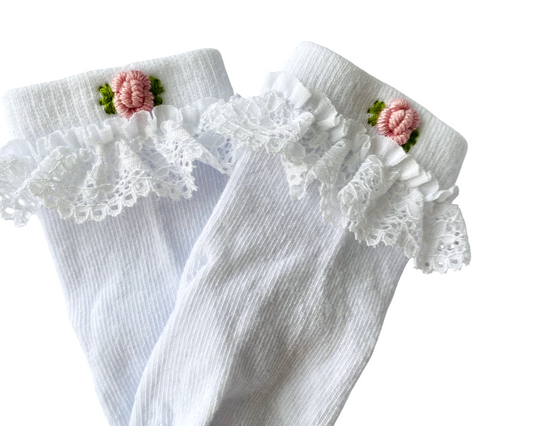 White Lace Trim Socks with Pink Floral Embroidery