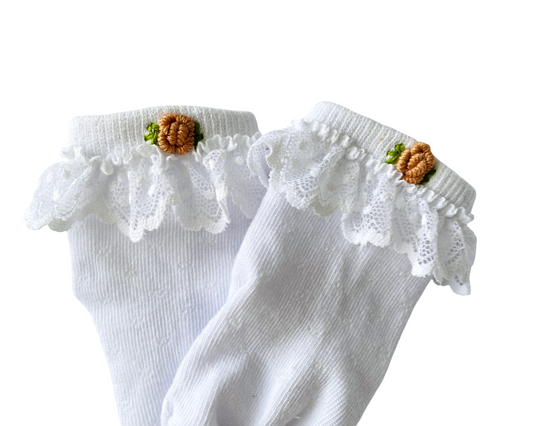 White Lace Trim Socks with Peach Floral Embroidery