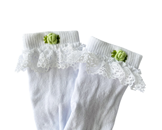 White Lace Trim Socks with Mint Floral Embroidery