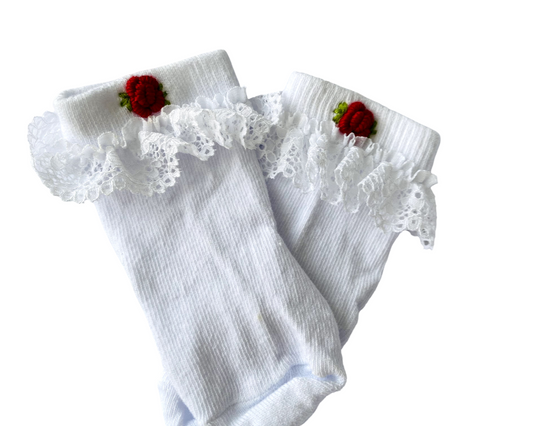 White Lace Trim Socks with Red Floral Embroidery