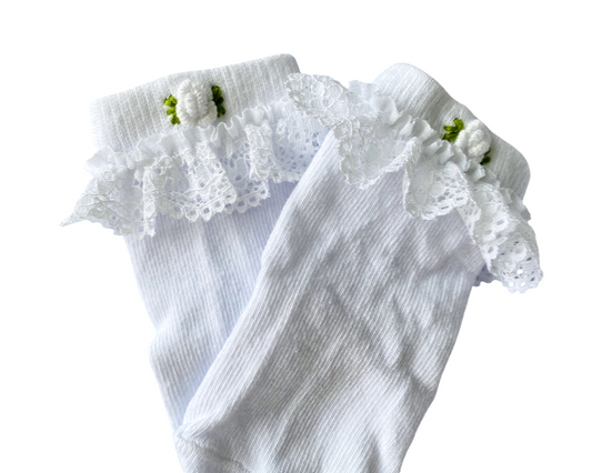 White Lace Trim Socks with White Floral Embroidery