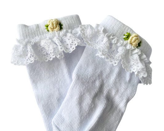 White Lace Trim Socks with Cream Floral Embroidery