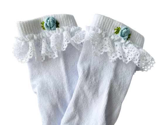White Lace Trim Socks with Blue Floral Embroidery