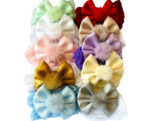 Set of 10 Satin Bow Headband with Fluffy Pom Pom – Soft & Sweet Baby Girl Accessory