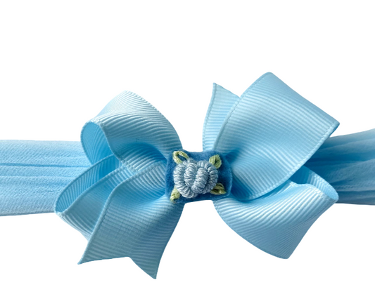Soft Blue 2 Inch Baby Headband with Grosgrain Bow & Embroidered Center