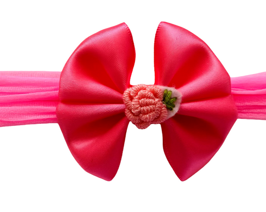 Elegant Hot Pink Satin Bow Headband With Embroidery Flower