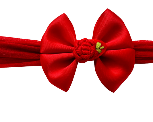 Elegant Red Satin Bow Headband With Embroidery Flower