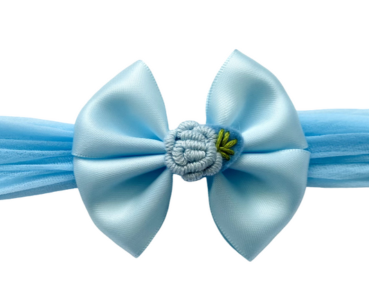 Elegant Blue Satin Bow Headband With Embroidery Flower