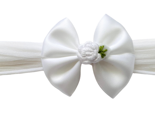 Elegant White Satin Bow Headband With Embroidery Flower