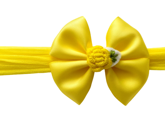 Elegant Yellow Satin Bow Headband With Embroidery Flower