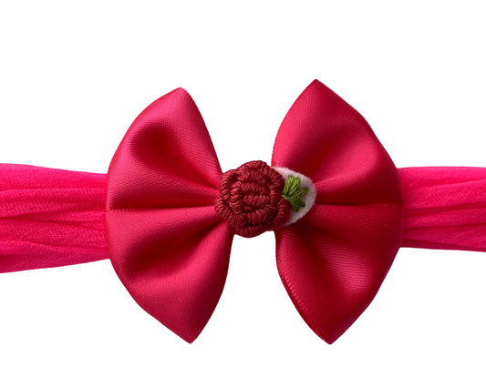 Elegant Shocking Pink Satin Bow Headband With Embroidery Flower